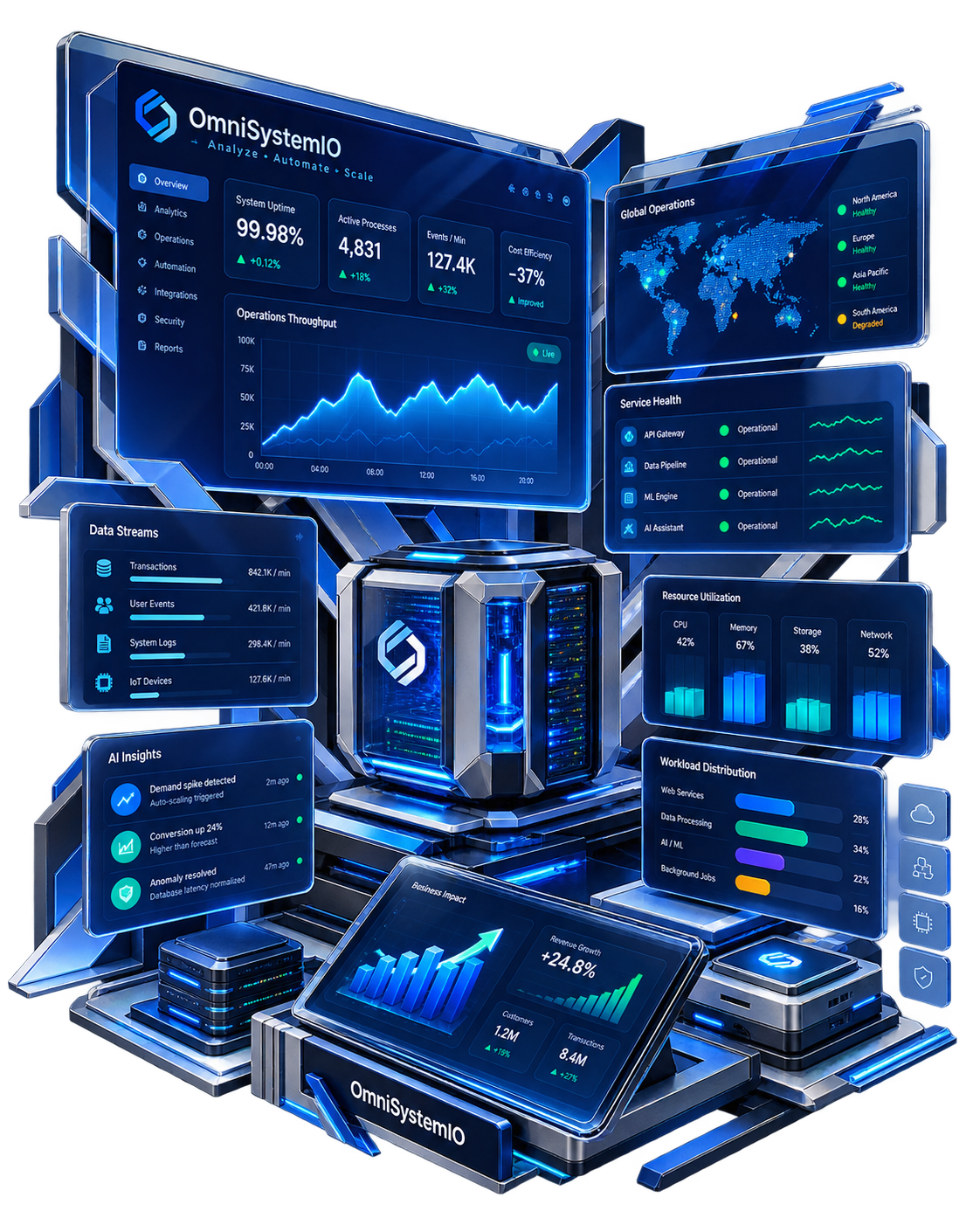 Connected infrastructure dashboard showing system health, data streams and operational performance