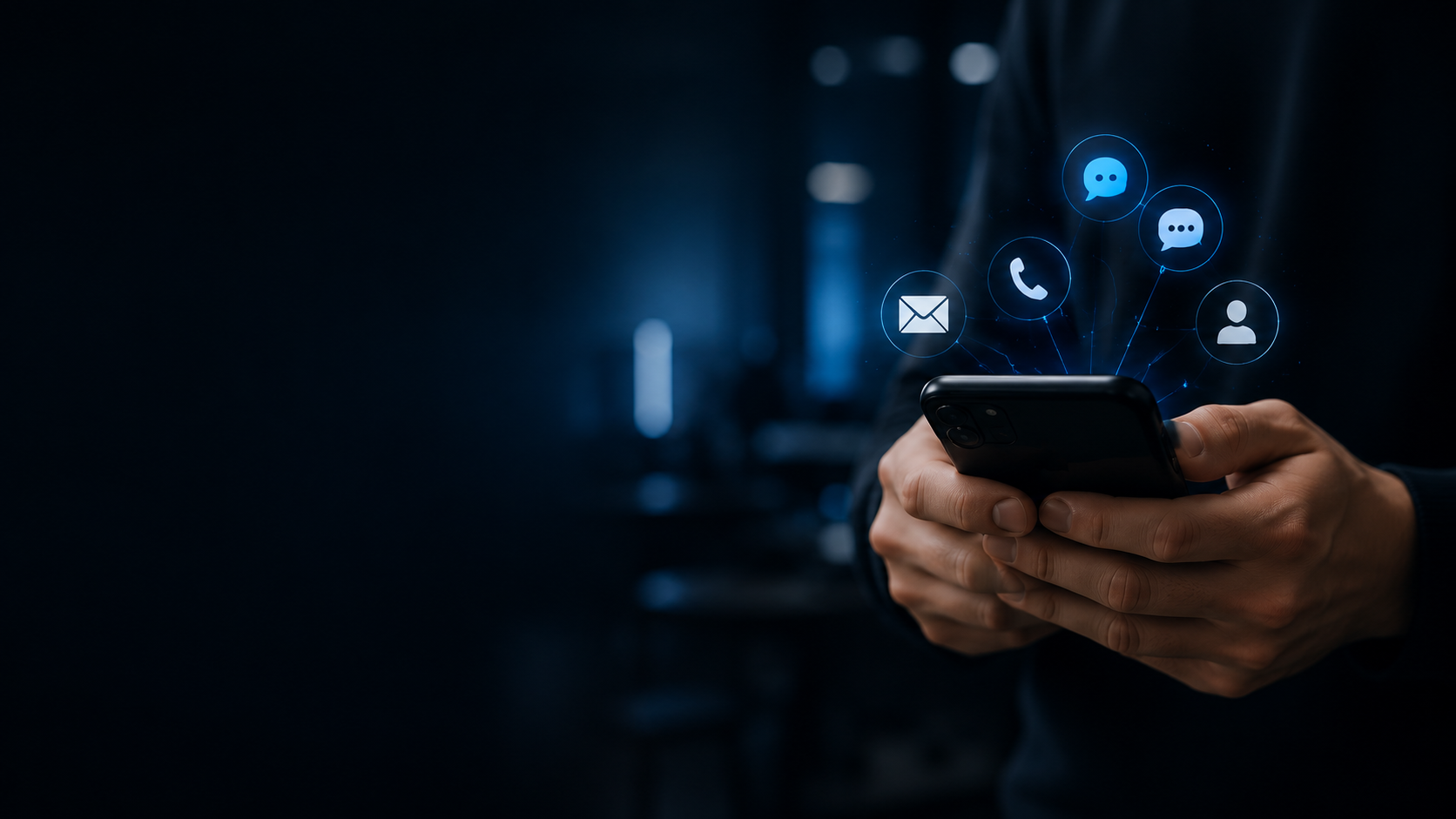 Customer using a mobile device with connected messaging, phone, email and profile channels